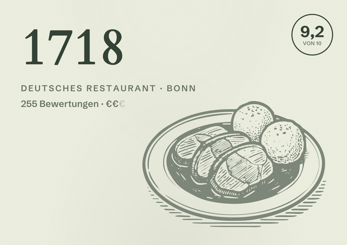 Illustriertes Poster von 1718, Deutsches Restaurant in Bonn: Bewertung 9,2 von 10 aus 255 Bewertungen, Preisniveau €€