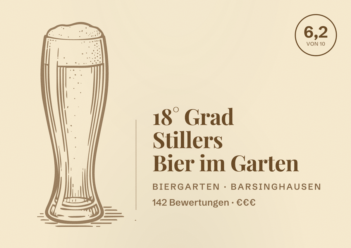 Illustriertes Poster von 18° Grad Stillers Bier im Garten, Biergarten in Barsinghausen: Bewertung 6,2 von 10 aus 142 Bewertungen, Preisniveau €€€