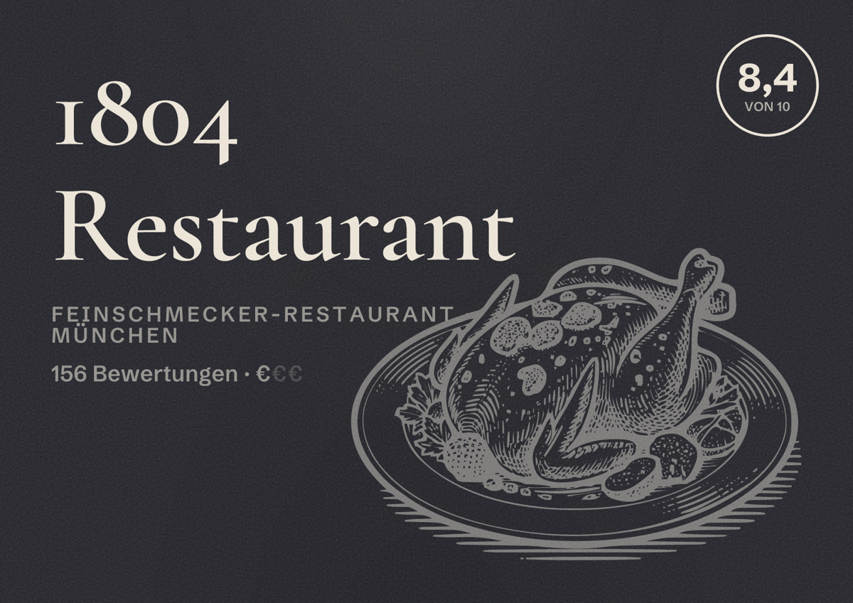 Illustriertes Poster von 1804 Restaurant, Feinschmecker-Restaurant in München: Bewertung 8,4 von 10 aus 156 Bewertungen, Preisniveau €