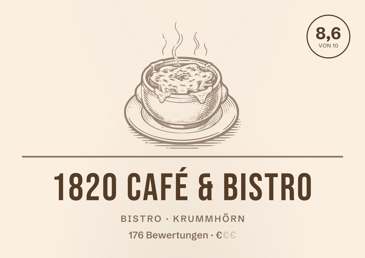Illustriertes Poster von 1820 Café & Bistro, Bistro in Krummhörn: Bewertung 8,6 von 10 aus 176 Bewertungen, Preisniveau €