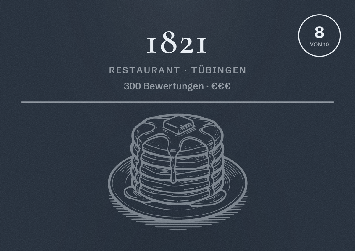 Illustriertes Poster von 1821, Restaurant in Tübingen: Bewertung 8 von 10 aus 300 Bewertungen, Preisniveau €€€