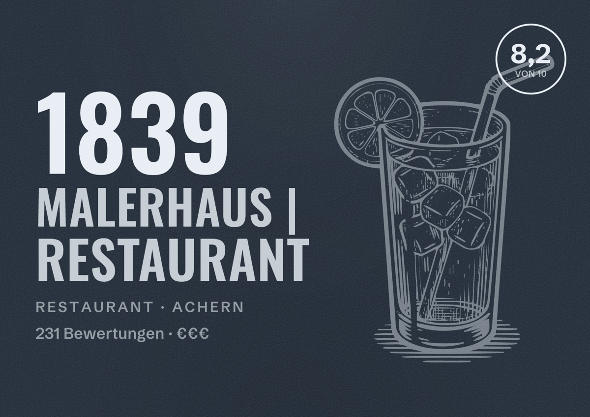 Illustriertes Poster von 1839 Malerhaus | Restaurant, Restaurant in Achern: Bewertung 8,2 von 10 aus 231 Bewertungen, Preisniveau €€€