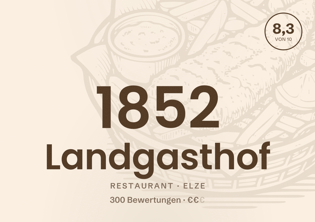 Illustriertes Poster von 1852 Landgasthof, Restaurant in Elze: Bewertung 8,3 von 10 aus 300 Bewertungen, Preisniveau €€