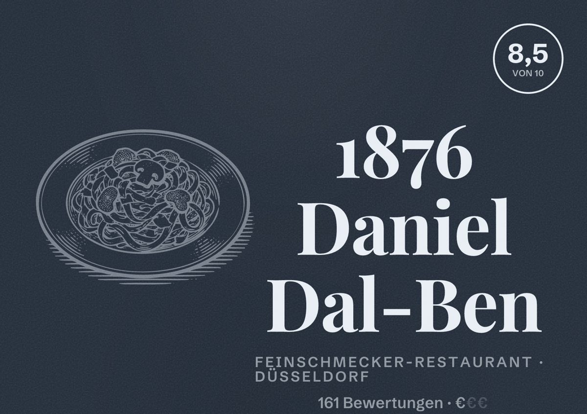Illustriertes Poster von 1876 Daniel Dal-Ben, Feinschmecker-Restaurant in Düsseldorf: Bewertung 8,5 von 10 aus 161 Bewertungen, Preisniveau €