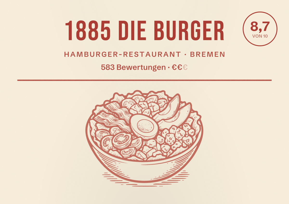 Illustriertes Poster von 1885 Die Burger, Hamburger-Restaurant in Bremen: Bewertung 8,7 von 10 aus 583 Bewertungen, Preisniveau €€