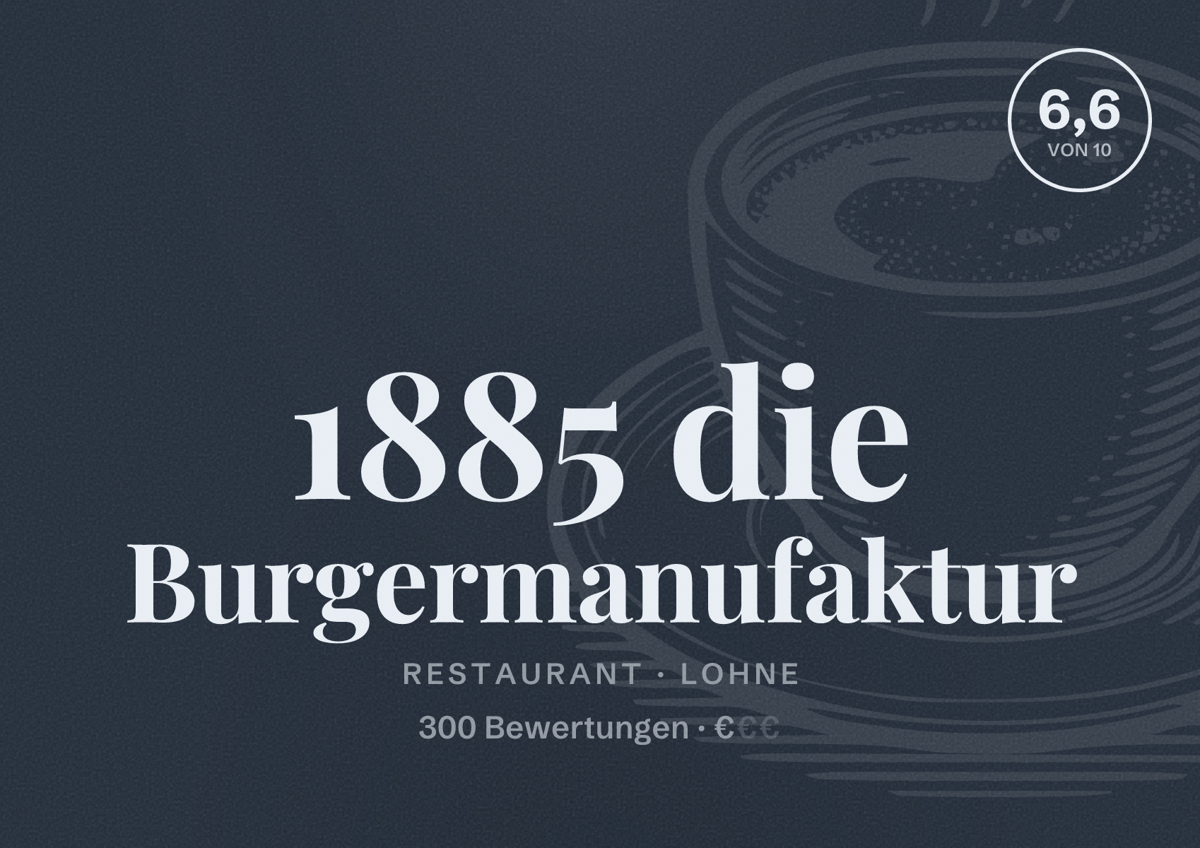 Illustriertes Poster von 1885 die Burgermanufaktur, Restaurant in Lohne: Bewertung 6,6 von 10 aus 300 Bewertungen, Preisniveau €