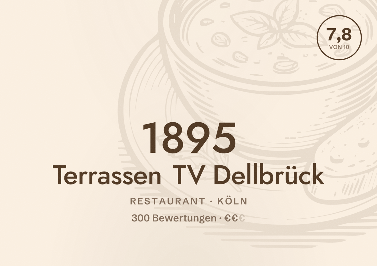 Illustriertes Poster von 1895 Terrassen TV Dellbrück, Restaurant in Köln: Bewertung 7,8 von 10 aus 300 Bewertungen, Preisniveau €€