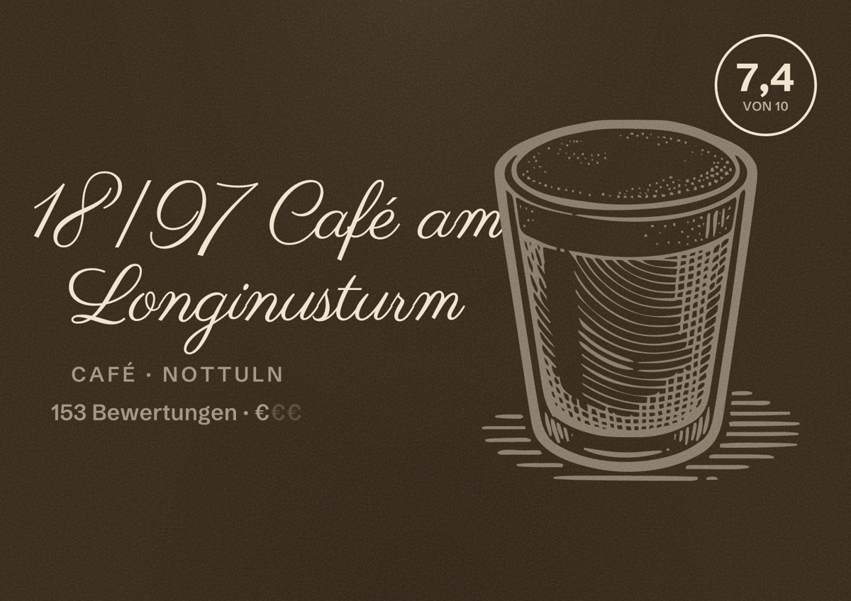 Illustriertes Poster von 18|97 Café am Longinusturm, Café in Nottuln: Bewertung 7,4 von 10 aus 153 Bewertungen, Preisniveau €