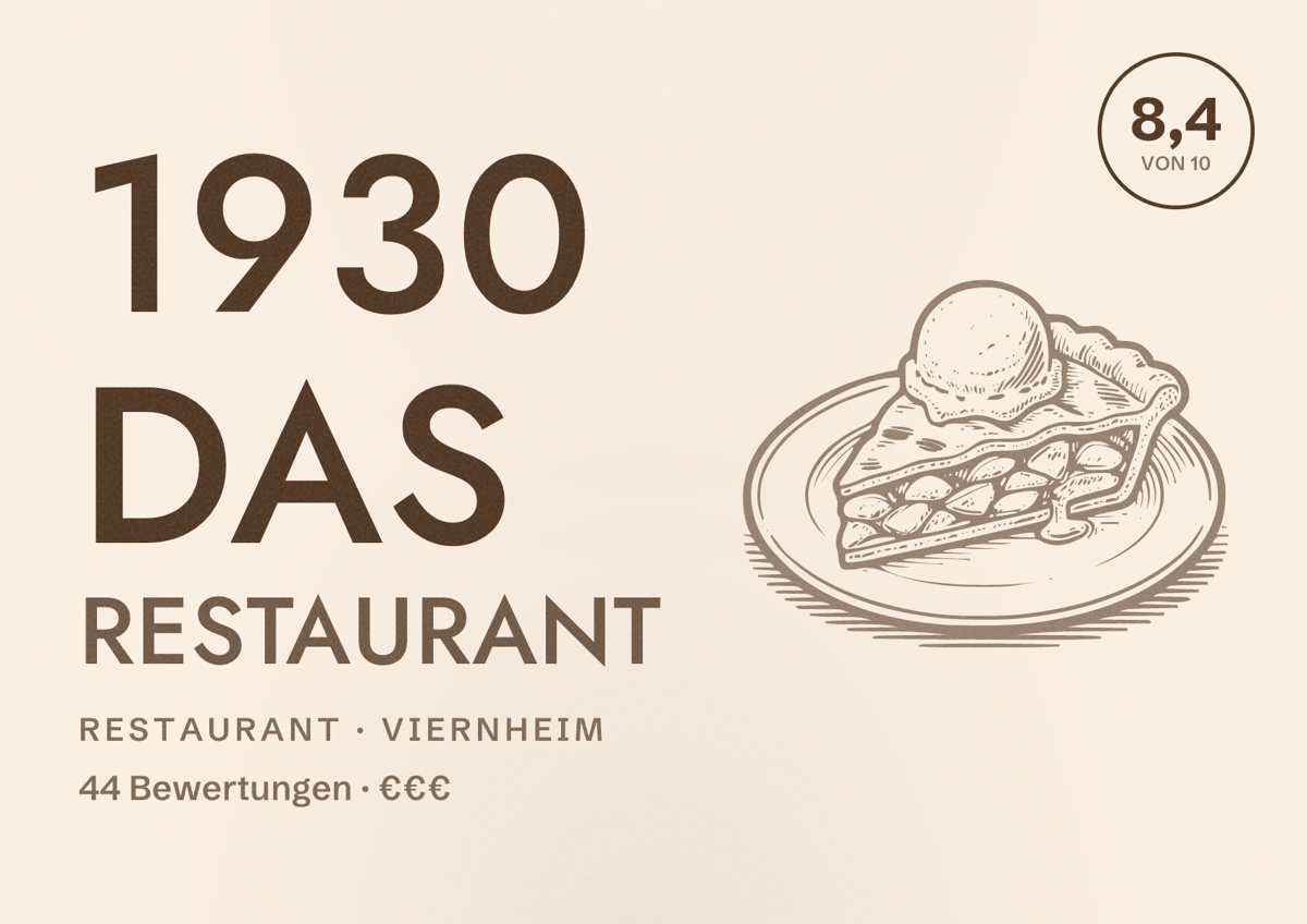 Illustriertes Poster von 1930 Das Restaurant, Restaurant in Viernheim: Bewertung 8,4 von 10 aus 44 Bewertungen, Preisniveau €€€
