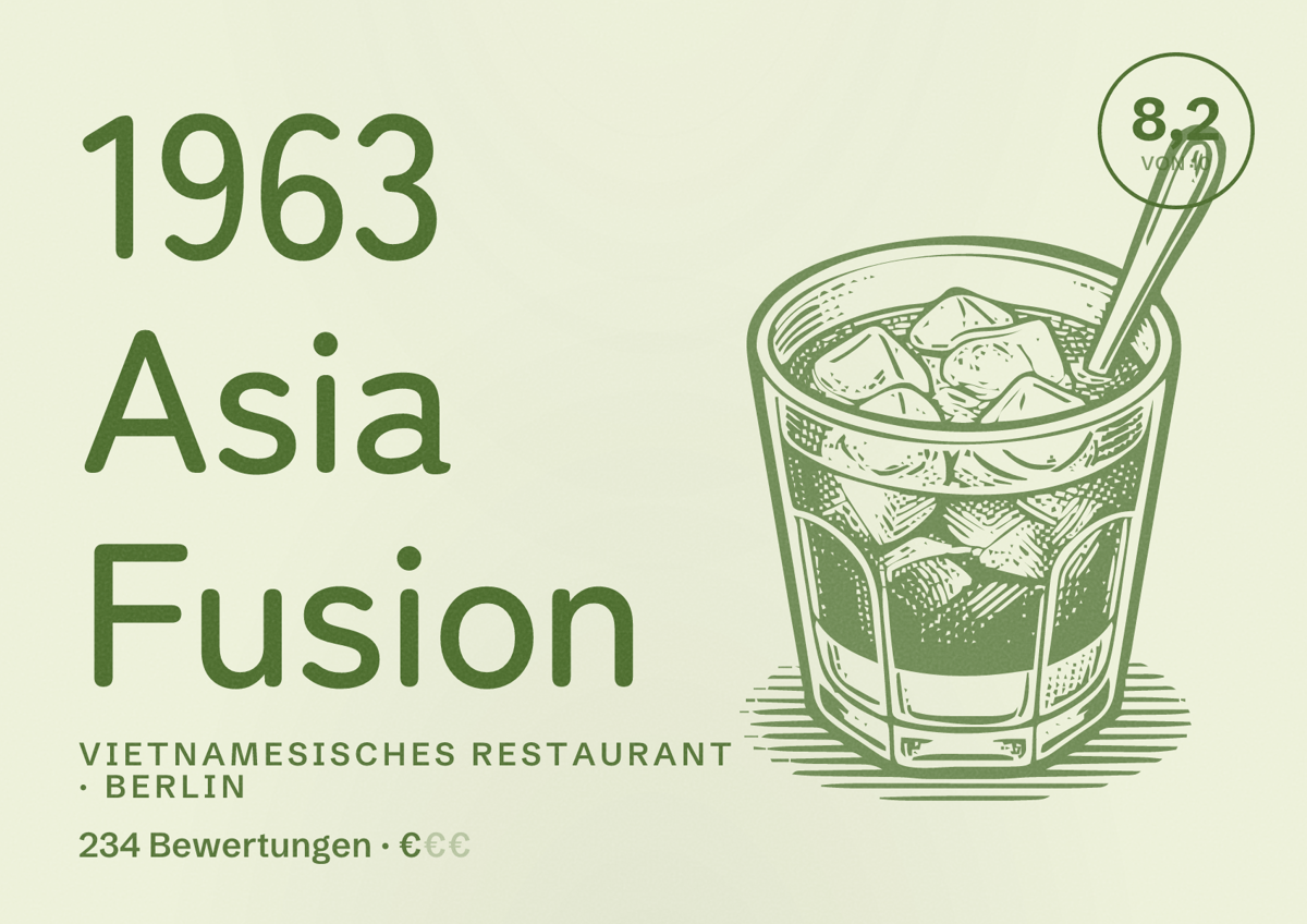 Illustriertes Poster von 1963 Asia Fusion, Vietnamesisches Restaurant in Berlin: Bewertung 8,2 von 10 aus 234 Bewertungen, Preisniveau €