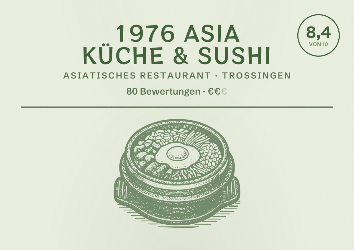 Illustriertes Poster von 1976 Asia Küche & Sushi, Asiatisches Restaurant in Trossingen: Bewertung 8,4 von 10 aus 80 Bewertungen, Preisniveau €€