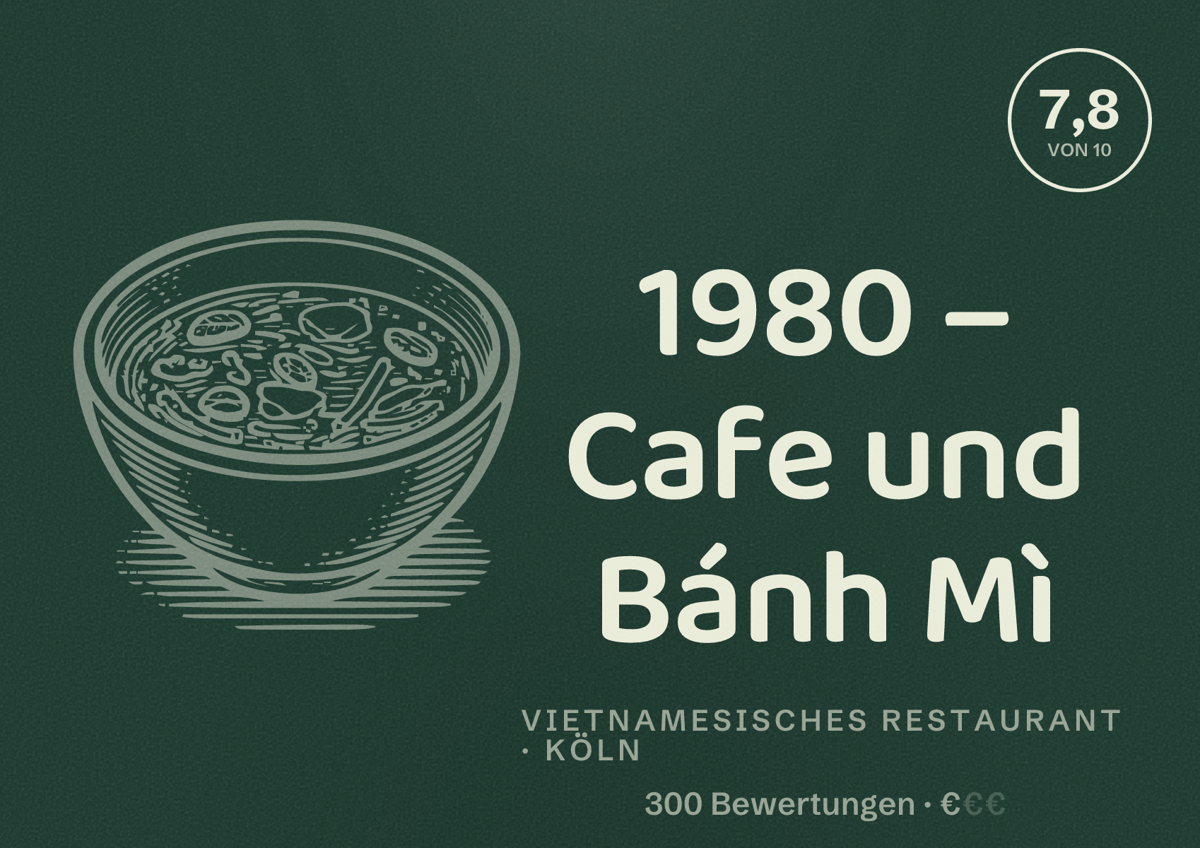 Illustriertes Poster von 1980 – Cafe und Bánh Mì, Vietnamesisches Restaurant in Köln: Bewertung 7,8 von 10 aus 300 Bewertungen, Preisniveau €