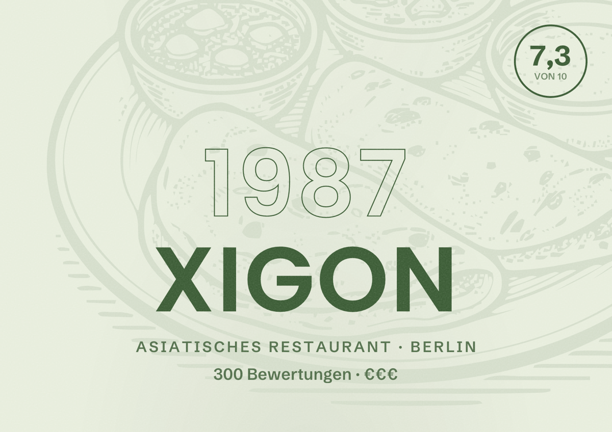 Illustriertes Poster von 1987 Xigon, Asiatisches Restaurant in Berlin: Bewertung 7,3 von 10 aus 300 Bewertungen, Preisniveau €€€