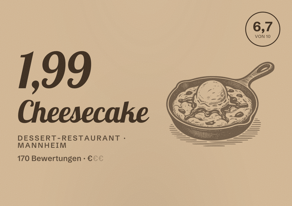 Illustriertes Poster von 1,99 Cheesecake, Dessert-Restaurant in Mannheim: Bewertung 6,7 von 10 aus 170 Bewertungen, Preisniveau €