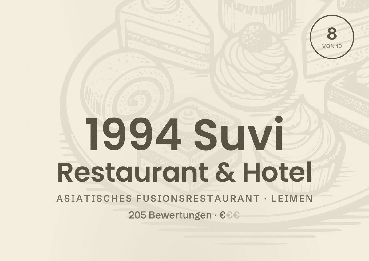 Illustriertes Poster von 1994 Suvi Restaurant & Hotel, Asiatisches Fusionsrestaurant in Leimen: Bewertung 8 von 10 aus 205 Bewertungen, Preisniveau €