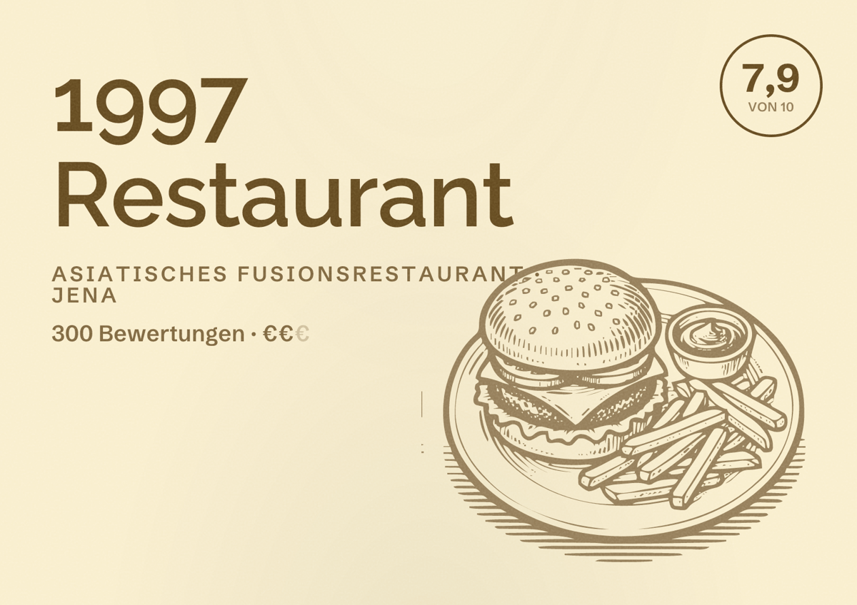 Illustriertes Poster von 1997 Restaurant, Asiatisches Fusionsrestaurant in Jena: Bewertung 7,9 von 10 aus 300 Bewertungen, Preisniveau €€