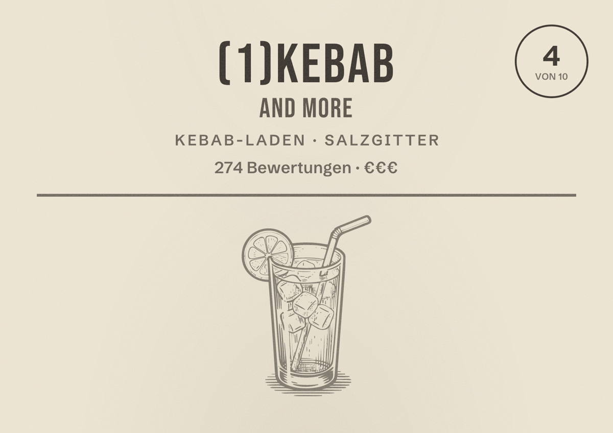 Illustriertes Poster von (1)Kebab And More, Kebab-Laden in Salzgitter: Bewertung 4 von 10 aus 274 Bewertungen, Preisniveau €€€