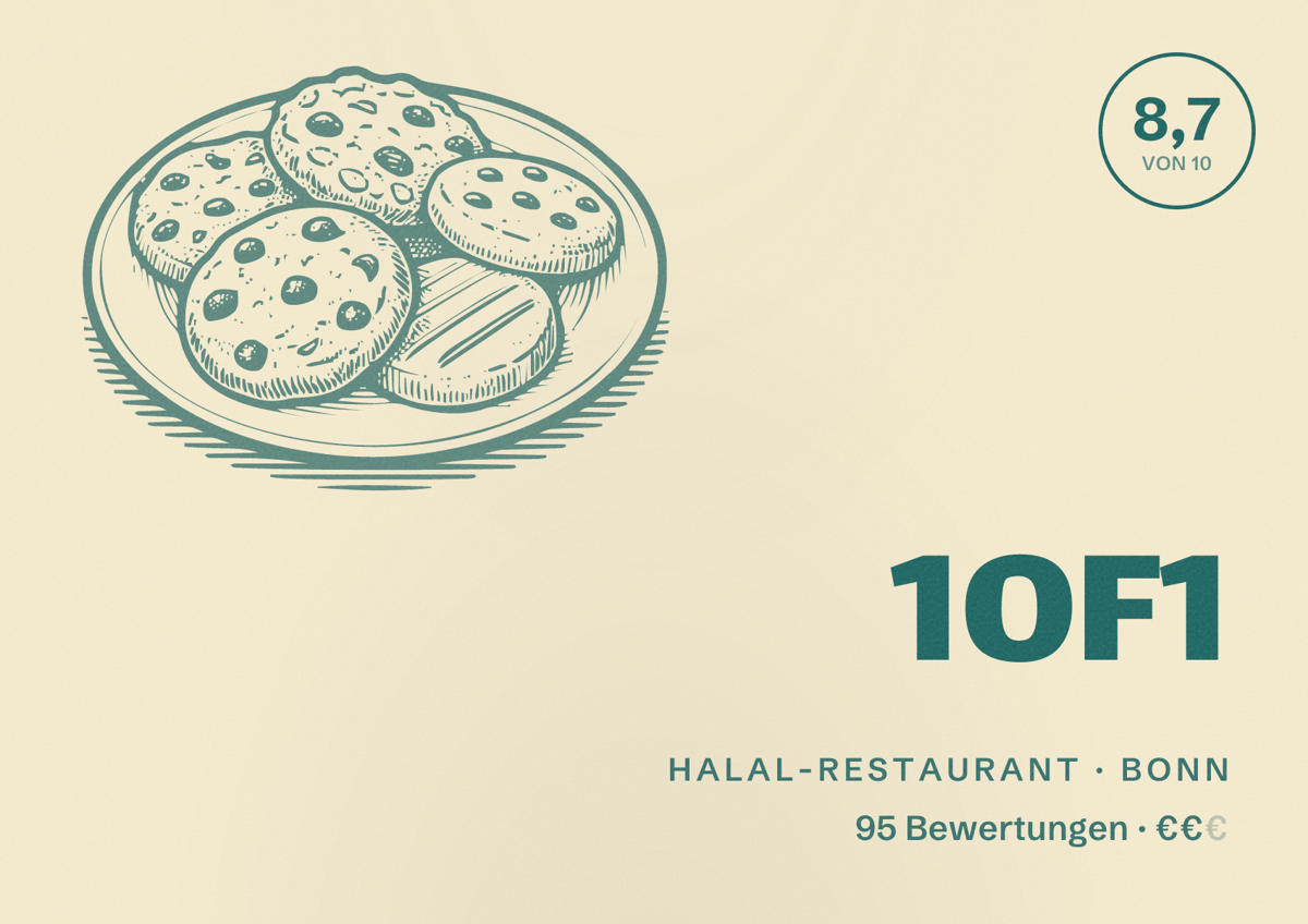 Illustriertes Poster von 1OF1, Halal-Restaurant in Bonn: Bewertung 8,7 von 10 aus 95 Bewertungen, Preisniveau €€