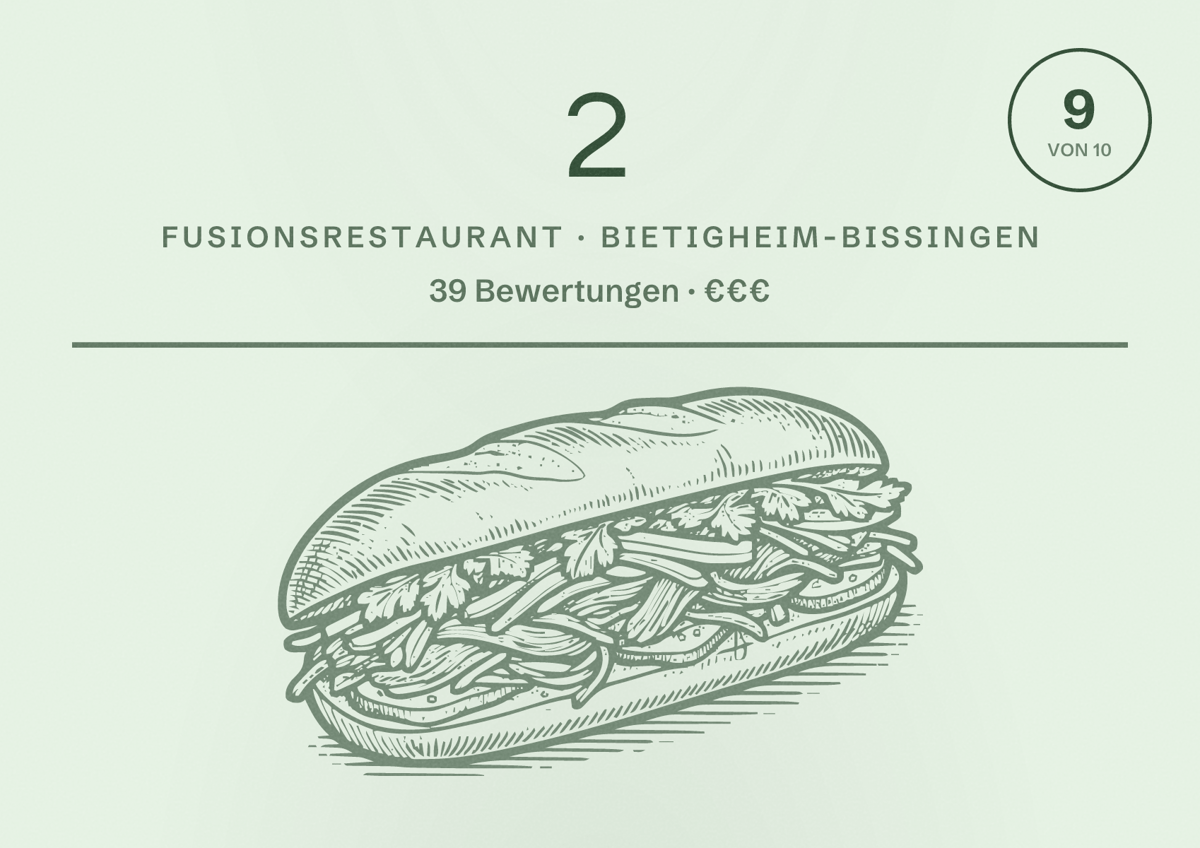 Illustriertes Poster von 2, Fusionsrestaurant in Bietigheim-Bissingen: Bewertung 9 von 10 aus 39 Bewertungen, Preisniveau €€€