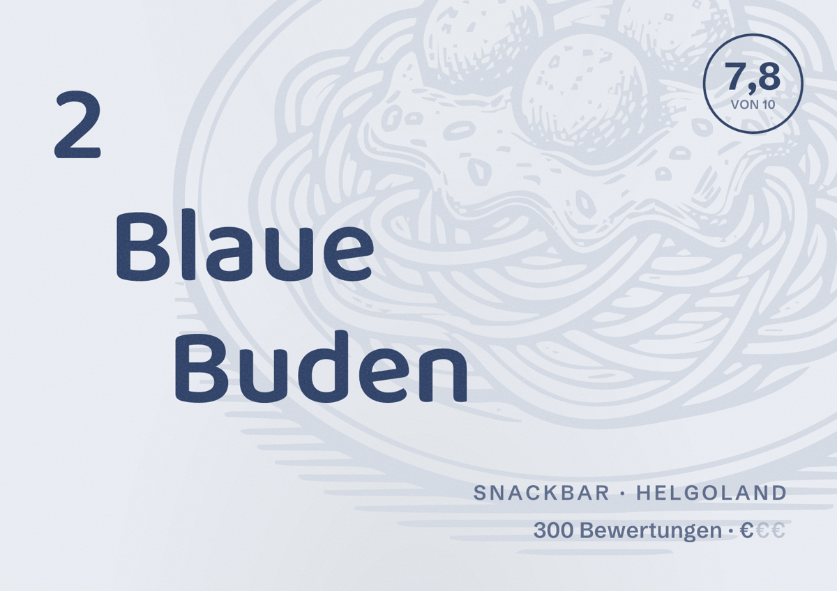 Illustriertes Poster von 2 Blaue Buden, Snackbar in Helgoland: Bewertung 7,8 von 10 aus 300 Bewertungen, Preisniveau €