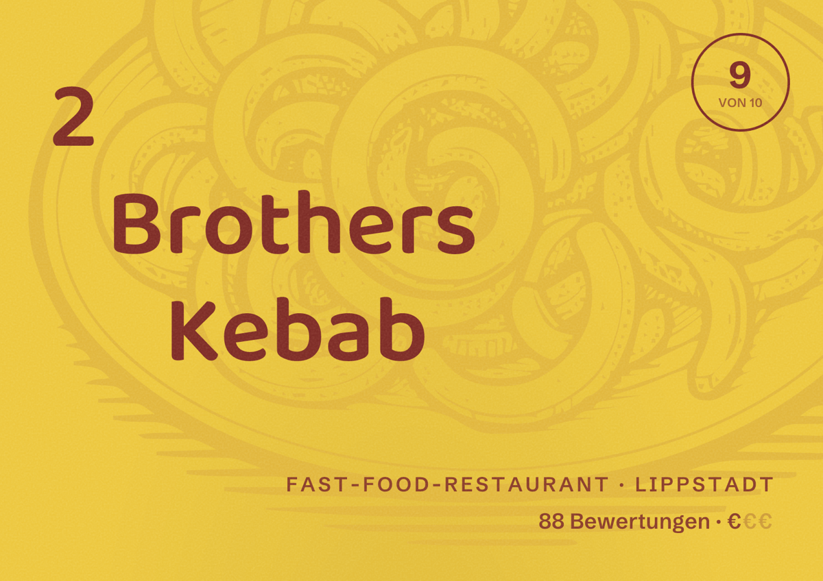 Illustriertes Poster von 2 Brothers Kebab, Fast-Food-Restaurant in Lippstadt: Bewertung 9 von 10 aus 88 Bewertungen, Preisniveau €