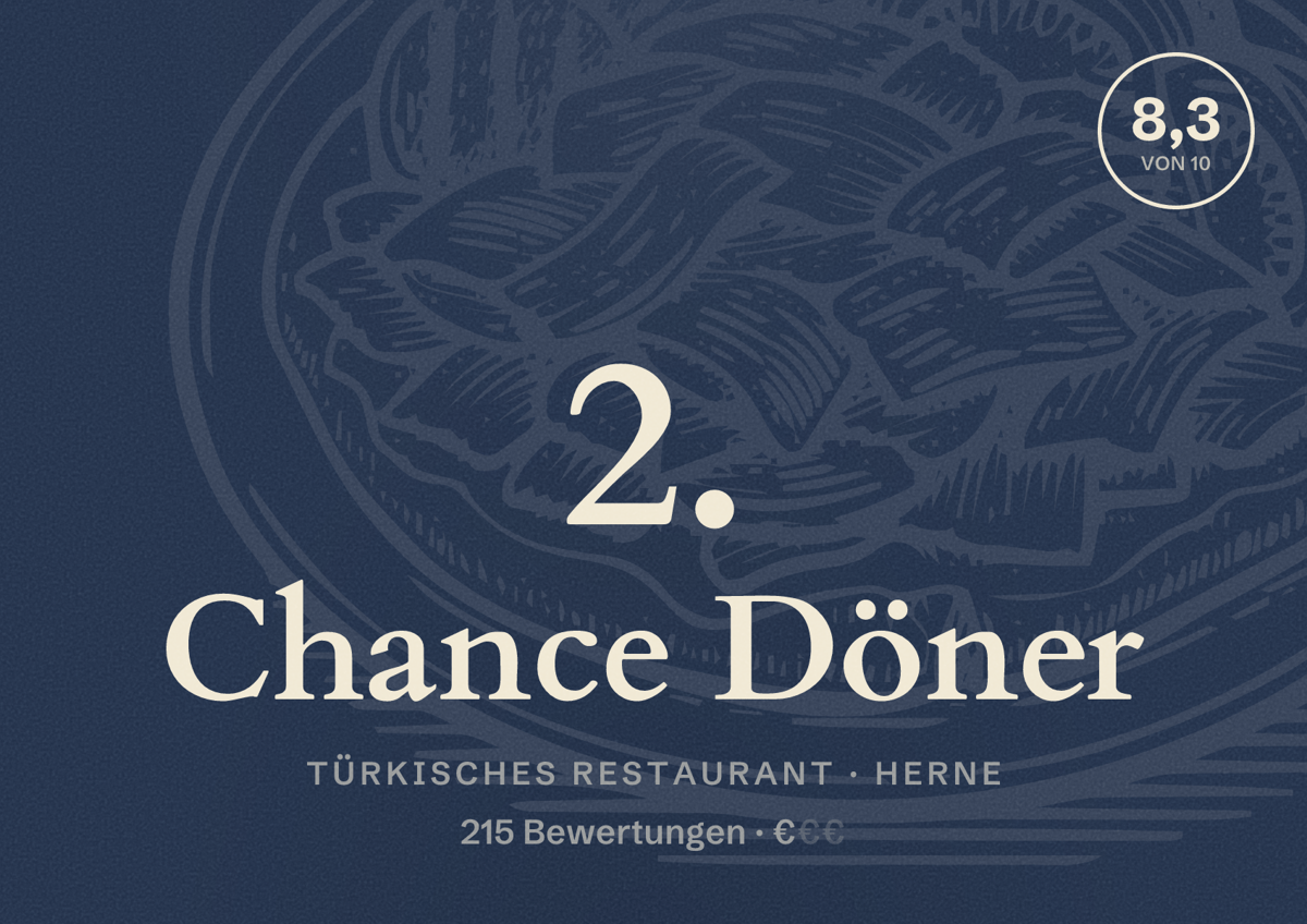 Illustriertes Poster von 2. Chance Döner, Türkisches Restaurant in Herne: Bewertung 8,3 von 10 aus 215 Bewertungen, Preisniveau €