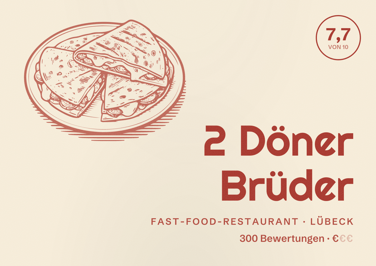 Illustriertes Poster von 2 Döner Brüder, Fast-Food-Restaurant in Lübeck: Bewertung 7,7 von 10 aus 300 Bewertungen, Preisniveau €