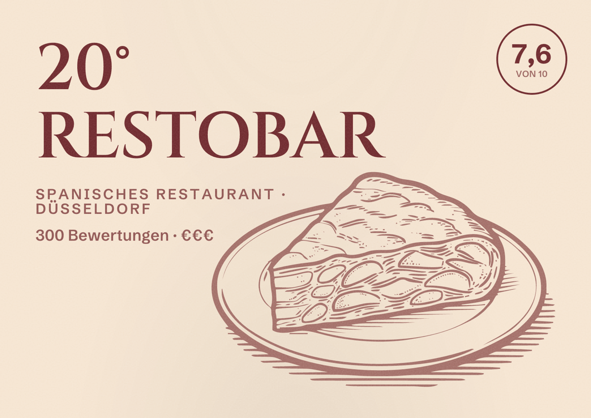 Illustriertes Poster von 20° RESTOBAR, Spanisches Restaurant in Düsseldorf: Bewertung 7,6 von 10 aus 300 Bewertungen, Preisniveau €€€