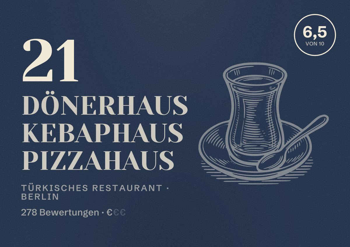 Illustriertes Poster von 21 Dönerhaus Kebaphaus Pizzahaus, Türkisches Restaurant in Berlin: Bewertung 6,5 von 10 aus 278 Bewertungen, Preisniveau €