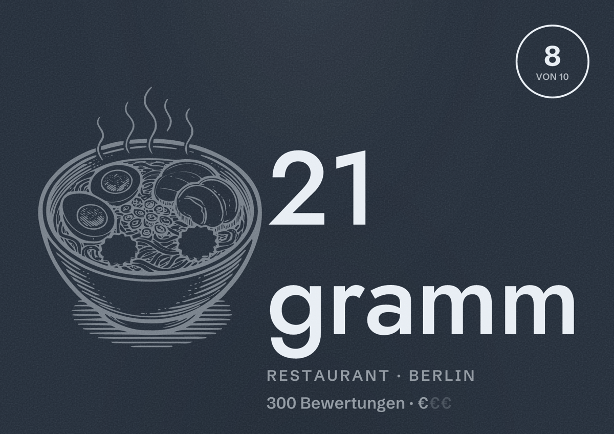 Illustriertes Poster von 21 gramm, Restaurant in Berlin: Bewertung 8,0 von 10 aus 300 Bewertungen, Preisniveau €
