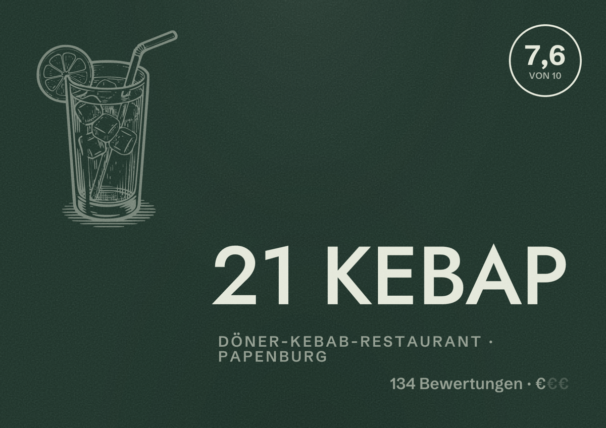 Illustriertes Poster von 21 KEBAP, Döner-Kebab-Restaurant in Papenburg: Bewertung 7,6 von 10 aus 134 Bewertungen, Preisniveau €