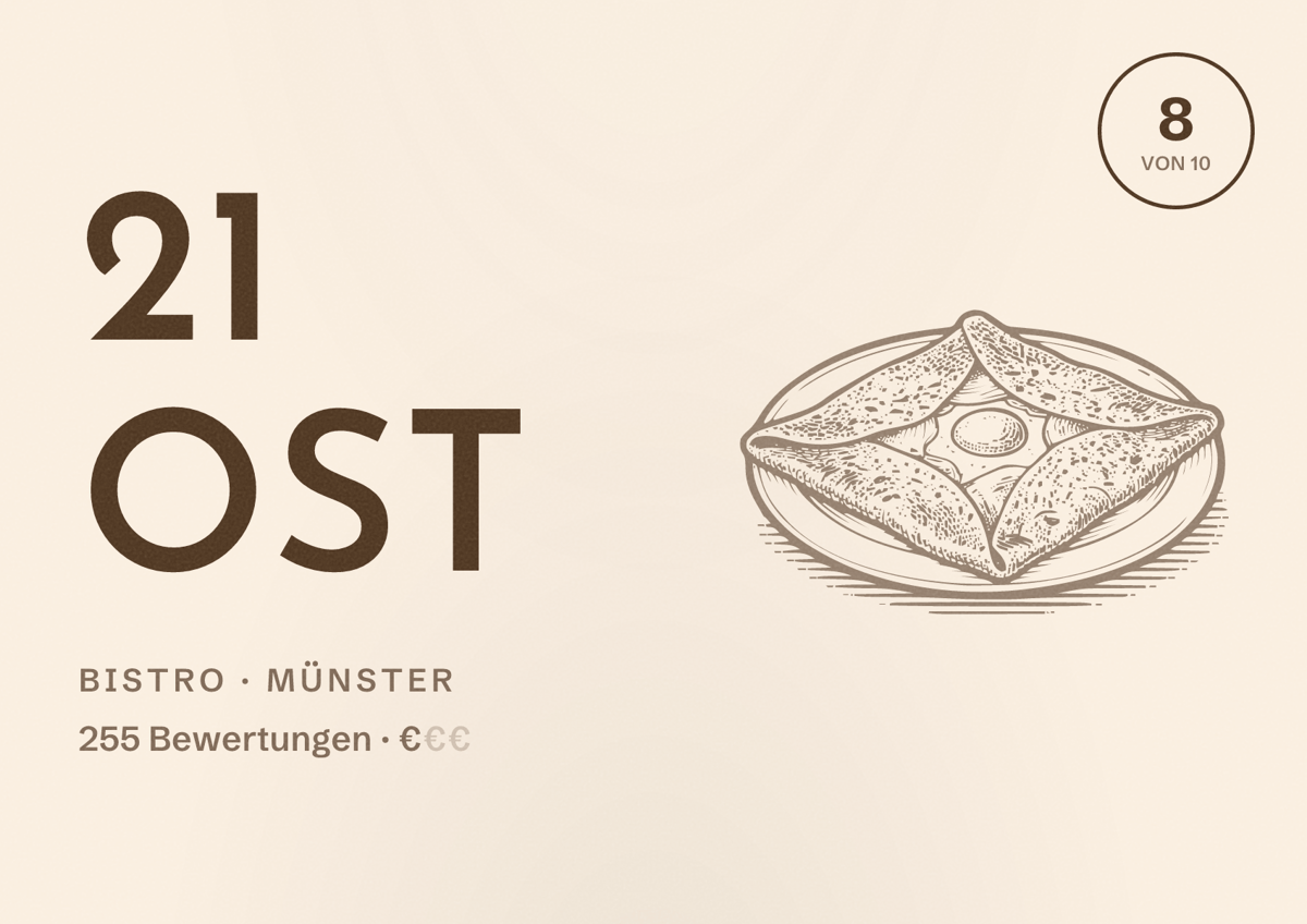Illustriertes Poster von 21 Ost, Bistro in Münster: Bewertung 8,0 von 10 aus 255 Bewertungen, Preisniveau €