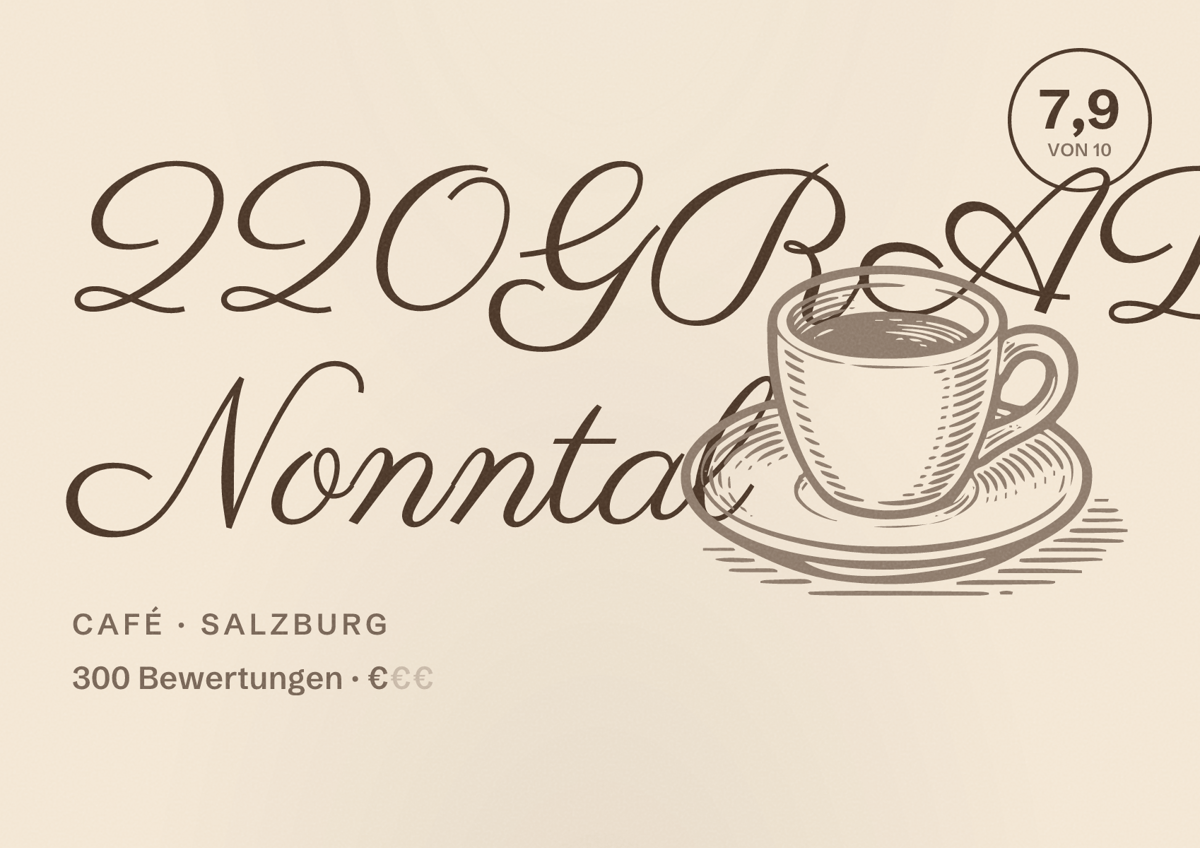 Illustriertes Poster von 220GRAD Nonntal, Café in Salzburg: Bewertung 7,9 von 10 aus 300 Bewertungen, Preisniveau €
