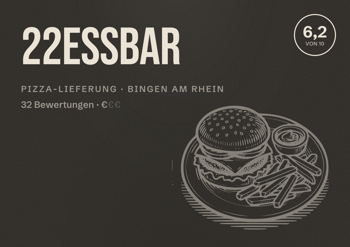 Illustriertes Poster von 22Essbar, Pizza-Lieferung in Bingen am Rhein: Bewertung 6,2 von 10 aus 32 Bewertungen, Preisniveau €