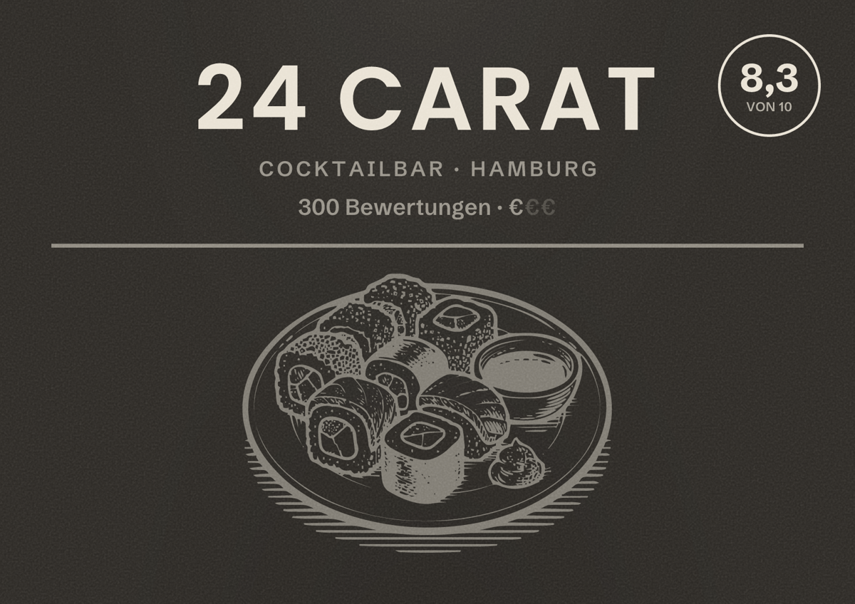 Illustriertes Poster von 24 Carat, Cocktailbar in Hamburg: Bewertung 8,3 von 10 aus 300 Bewertungen, Preisniveau €