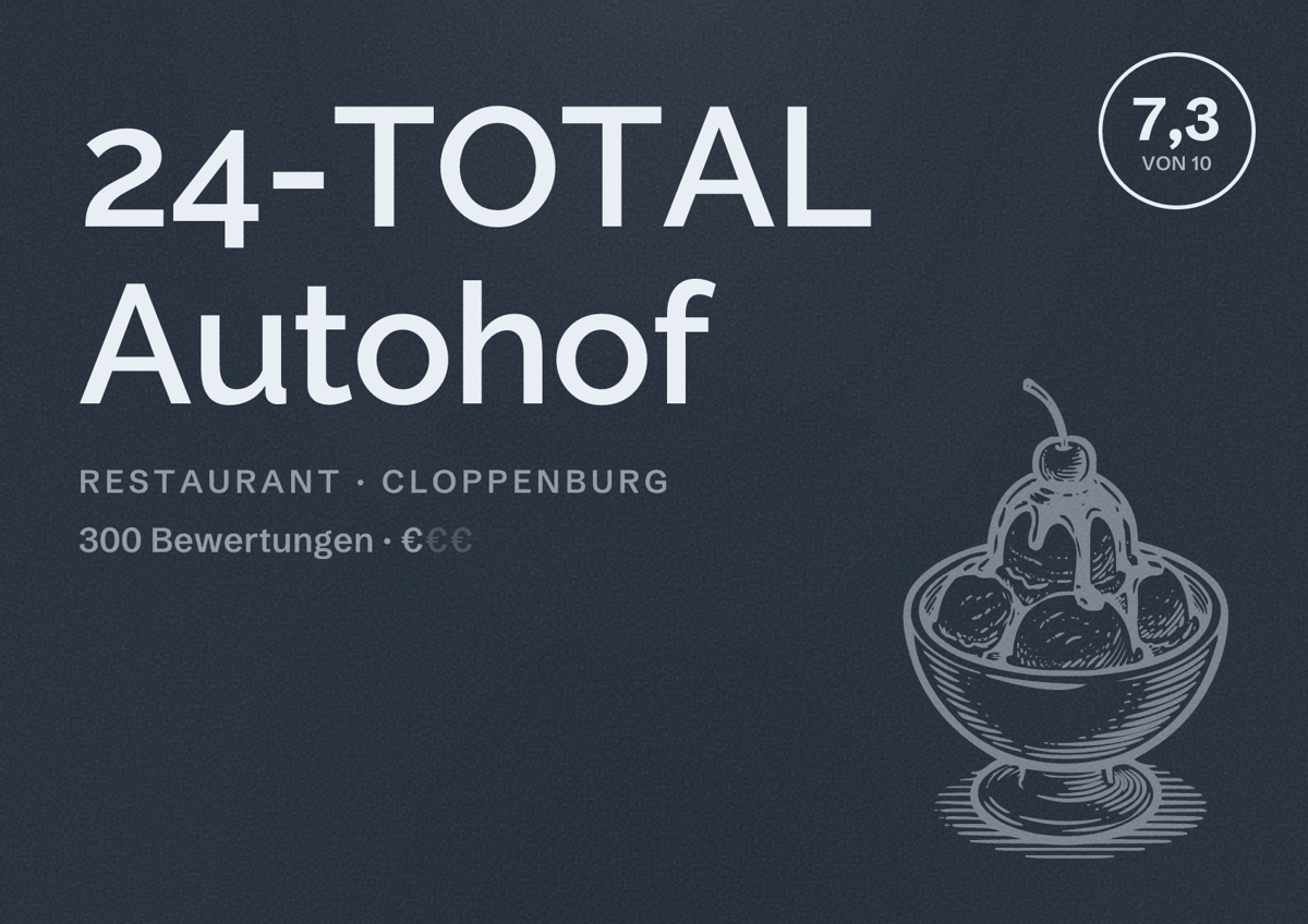 Illustriertes Poster von 24-TOTAL Autohof, Restaurant in Cloppenburg: Bewertung 7,3 von 10 aus 300 Bewertungen, Preisniveau €