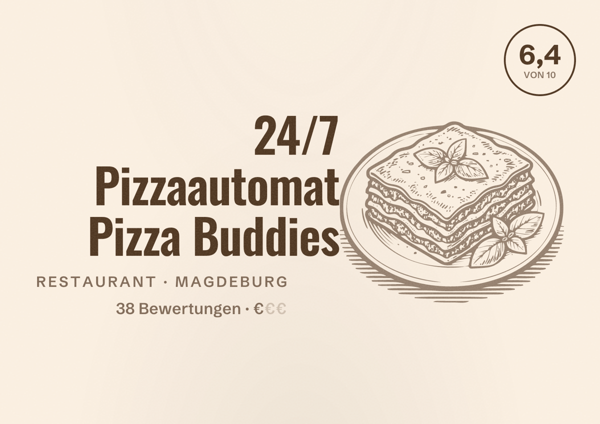 Illustriertes Poster von 24/7 Pizzaautomat Pizza Buddies, Restaurant in Magdeburg: Bewertung 6,4 von 10 aus 38 Bewertungen, Preisniveau €