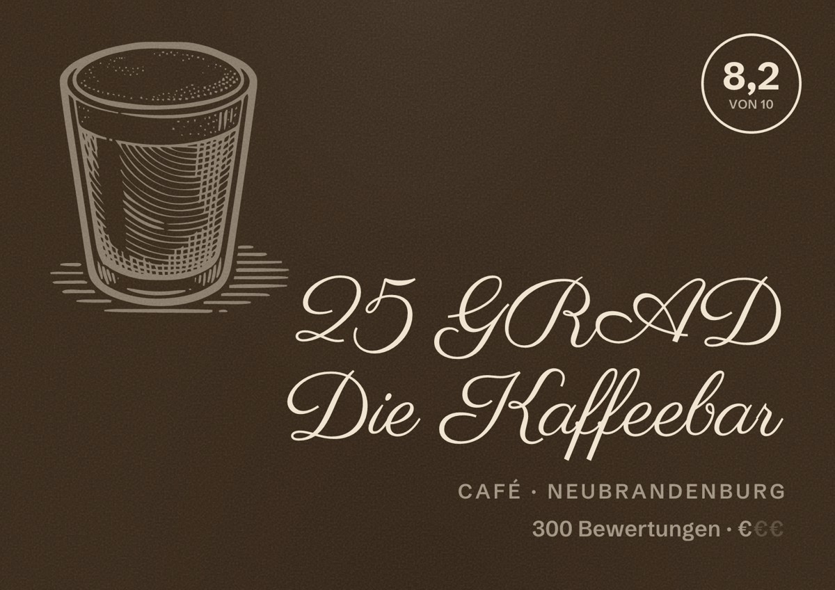 Illustriertes Poster von 25 GRAD Die Kaffeebar, Café in Neubrandenburg: Bewertung 8,2 von 10 aus 300 Bewertungen, Preisniveau €
