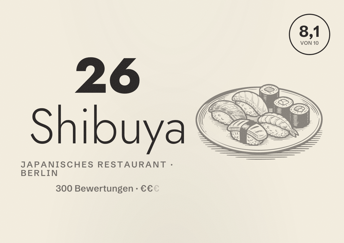 Illustriertes Poster von 26 Shibuya, Japanisches Restaurant in Berlin: Bewertung 8,1 von 10 aus 300 Bewertungen, Preisniveau €€