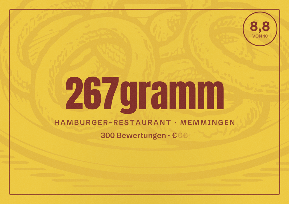 Illustriertes Poster von 267gramm, Hamburger-Restaurant in Memmingen: Bewertung 8,8 von 10 aus 300 Bewertungen, Preisniveau €