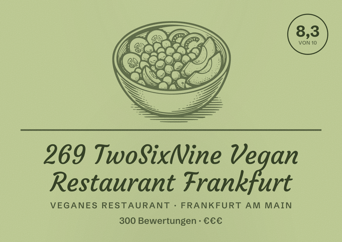 Illustriertes Poster von 269 TwoSixNine Vegan Restaurant Frankfurt, Veganes Restaurant in Frankfurt am Main: Bewertung 8,3 von 10 aus 300 Bewertungen, Preisniveau €€€