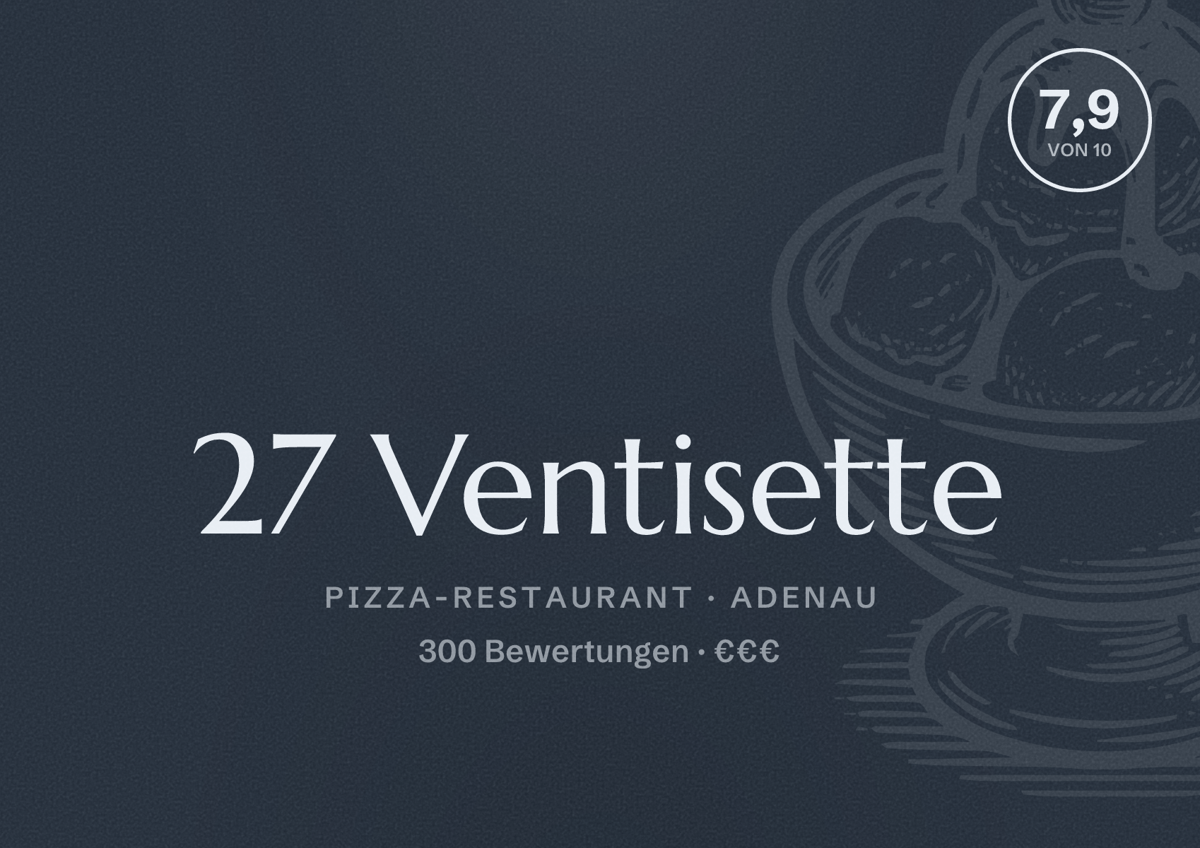 Illustriertes Poster von 27 Ventisette, Pizza-Restaurant in Adenau: Bewertung 7,9 von 10 aus 300 Bewertungen, Preisniveau €€€