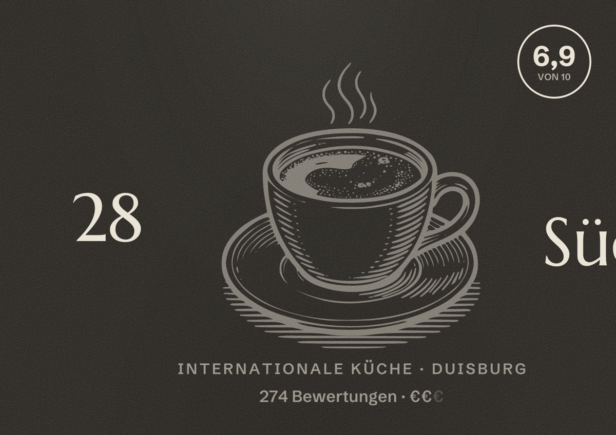 Illustriertes Poster von 28 Süd, Internationale Küche in Duisburg: Bewertung 6,9 von 10 aus 274 Bewertungen, Preisniveau €€
