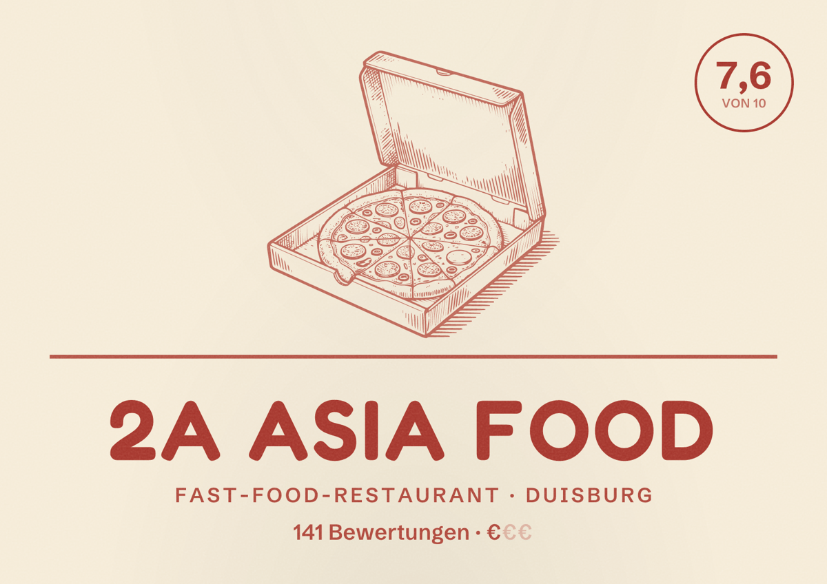 Illustriertes Poster von 2A Asia Food, Fast-Food-Restaurant in Duisburg: Bewertung 7,6 von 10 aus 141 Bewertungen, Preisniveau €