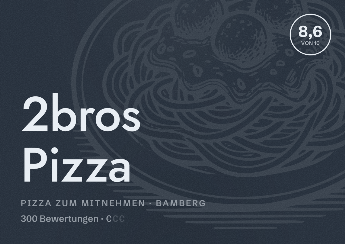 Illustriertes Poster von 2bros Pizza, Pizza zum Mitnehmen in Bamberg: Bewertung 8,6 von 10 aus 300 Bewertungen, Preisniveau €