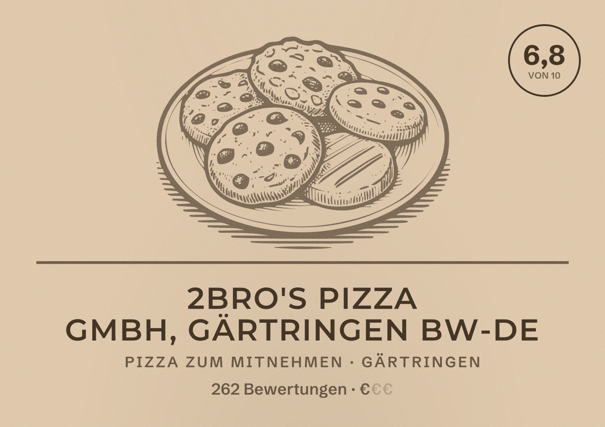 Illustriertes Poster von 2Bro's Pizza GmbH, Gärtringen BW-DE, Pizza zum Mitnehmen in Gärtringen: Bewertung 6,8 von 10 aus 262 Bewertungen, Preisniveau €