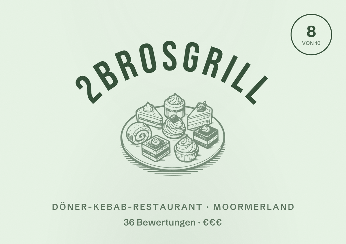 Illustriertes Poster von 2BrosGrill, Döner-Kebab-Restaurant in Moormerland: Bewertung 8 von 10 aus 36 Bewertungen, Preisniveau €€€