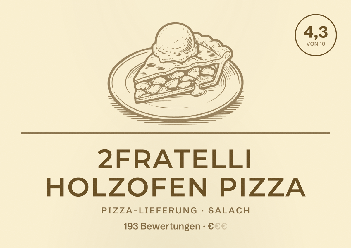 Illustriertes Poster von 2Fratelli Holzofen Pizza, Pizza-Lieferung in Salach: Bewertung 4,3 von 10 aus 193 Bewertungen, Preisniveau €