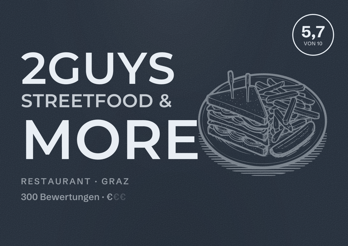 Illustriertes Poster von 2Guys Streetfood & more, Restaurant in Graz: Bewertung 5,7 von 10 aus 300 Bewertungen, Preisniveau €