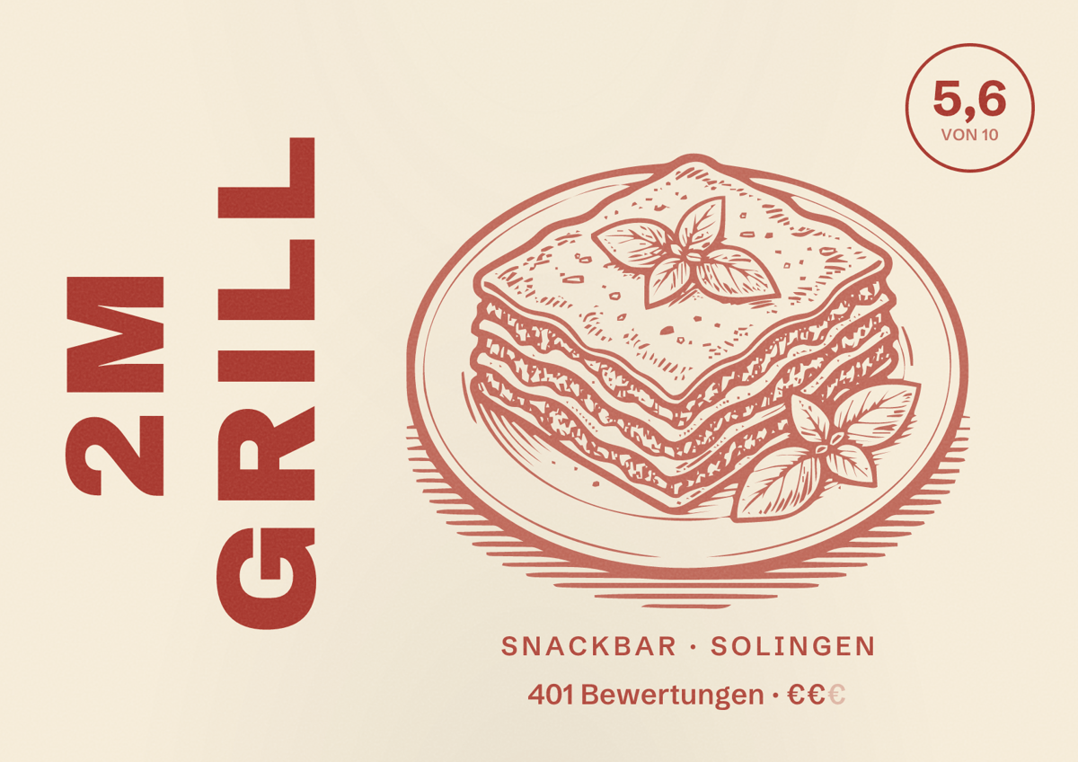 Illustriertes Poster von 2M Grill, Snackbar in Solingen: Bewertung 5,6 von 10 aus 401 Bewertungen, Preisniveau €€